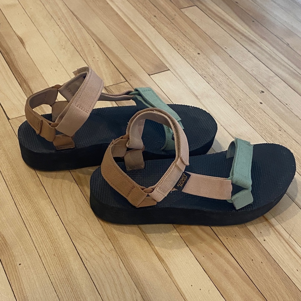 Teva Platform Sandals with Tan and Green Straps